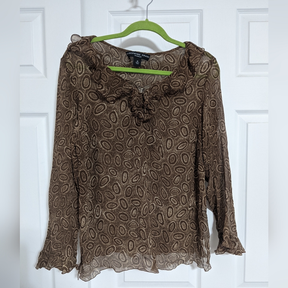#.  Josephine Chaus 100%Silk Brown Flowy Riffle Long Sleeve Blouse. Size: 18